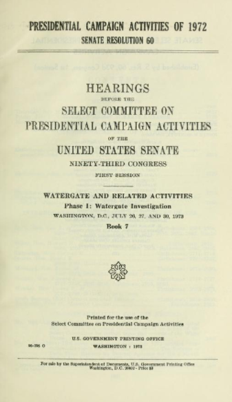 Watergate hearing report cover sheet